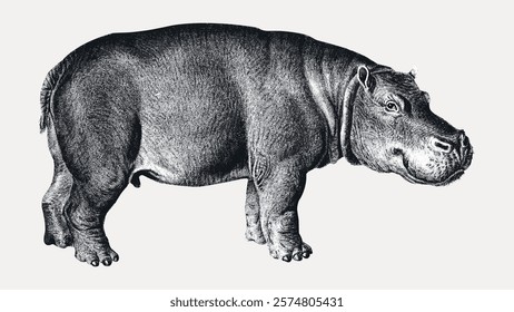 Vintage illustration of a hippo. Detailed hippo sketch in black and white. Hippo art with intricate lines. Hippo drawing, classic and timeless. Vintage illustration isolated on white, vector.