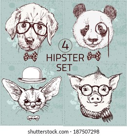 Vintage illustration of hipster animal set with glasses in vector.  Labrador puppy, panda bear, fox with long ears, pig