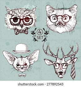 Vintage illustration of hipster animal set with glasses in vector.  Labrador puppy, panda bear, fox with long ears, pig