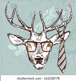 Vintage illustration of hipster deer with glasses and tie in vector on vintage background