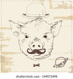 Vintage illustration of hipster pig with mustache and hat  in vector