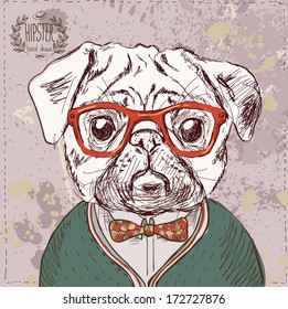 Vintage illustration of hipster pug dog with glasses and bow in vector on vintage background,  vector illustration hand drawn with textured background