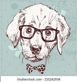 Vintage illustration of hipster puppy with glasses in vector