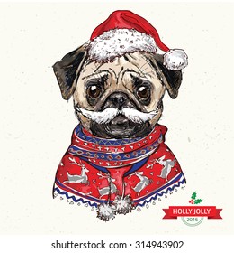 Vintage illustration of hipster santa pug dog  in vector on vintage background