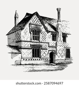 Vintage illustration of a historic house with intricate brickwork and steep roof. The house features detailed windows and chimneys, showcasing classic architectural design. Vintage art, vector.