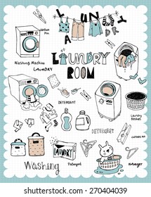 Vintage illustration with home and laundry room related words in hand drawn style 
and on the grid background. All text and illustration is hand-drawn.