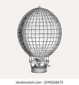 Vintage illustration of a hot air balloon. Detailed hot air balloon design with intricate lines. Classic hot air balloon art in black and white. Vintage illustration isolated on white, vector.