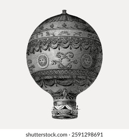 Vintage illustration of a hot air balloon. Detailed balloon design with intricate patterns. Antique balloon art, showcasing classic hot air balloon aesthetics. Vintage illustration isolated, vector.