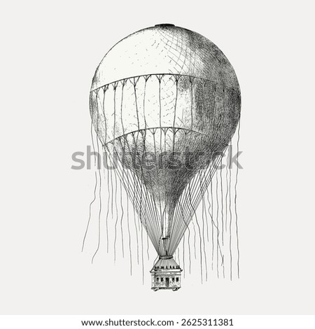 Vintage illustration of a hot air balloon with intricate details. The balloon is tethered with ropes, showcasing a classic, antique design. Vintage art illustration vector.