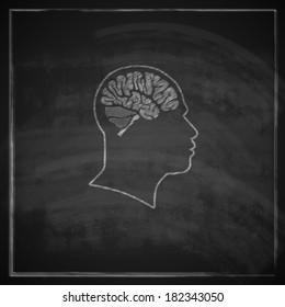   vintage illustration of human head with brain on blackboard background