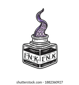 Vintage illustration of an ink bottle with tentacles popping out of it