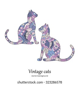 Vintage illustration with isolated ethnic patterned cat on the white background