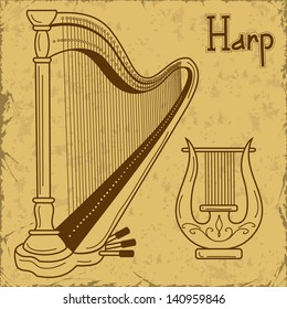 Vintage illustration of isolated harp and lyre