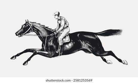 Vintage illustration of a jockey riding a galloping horse. Detailed drawing of horse and jockey in motion. Classic equestrian art, dynamic and elegant. Vintage horse illustration isolated, vector.