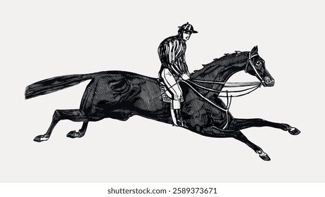 Vintage illustration of a jockey riding a galloping horse. The jockey is wearing traditional attire. Detailed horse and jockey drawing in classic style. Vintage animal illustration vector.