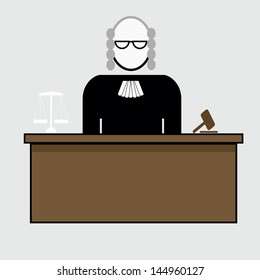 vintage illustration of a judge with black dress and wig, glasses and hammer on the state.