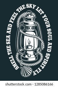 Vintage illustration of a kerosene lamp with rope and shells on the dark background. The text is on a separate layer.