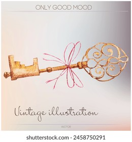 Vintage illustration of a key with a bow. Vector watercolor illustration