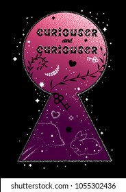 Vintage illustration with keyhole. Alice in wonderland motifs. Tattoo art and double exposure style. Hand drawn quote "curouser and curiouser".