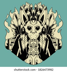 Vintage Illustration King Cat with Robotic Element and Fire arround Badge Isolated Design Vector