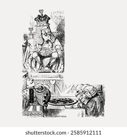 Vintage illustration of a king on a throne with a crown, and a court scene. Detailed drawing with regal, medieval, and royal themes. Classic and historical art. Vintage art illustration, vector.