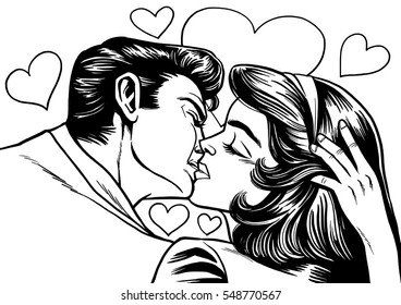 Vintage Illustration ,Kissing Couple, drawn with old comic style