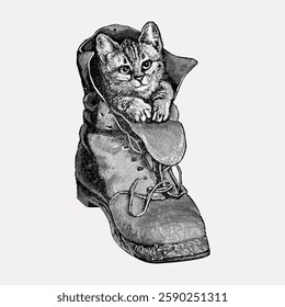 Vintage illustration of a kitten in a boot. The kitten peeks out of the boot, adding charm. Detailed drawing of a boot with a kitten. Cute kitten in a boot scene. Vintage animal illustration vector.