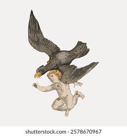 Vintage illustration of a large bird, possibly an eagle, capturing a cherub. The bird's wings are spread wide, and the cherub appears surprised. Mythical theme. Vintage bird illustration vector.