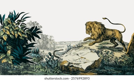 Vintage illustration of a lion in a jungle setting. The lion, a majestic creature, prowls near lush jungle foliage, embodying the wild essence of the jungle. Vintage illustration isolated, vector.