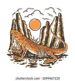 a vintage illustration of a lizard in a desert