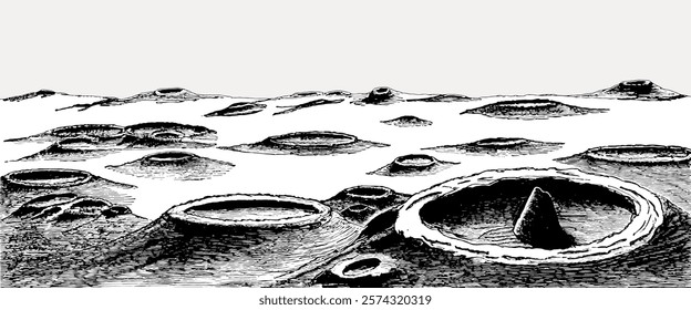 Vintage illustration of a lunar landscape with craters. Black and white drawing of moon craters. Detailed lunar surface with craters and shadows. Isolated vintage art illustration vector element.