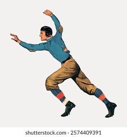 Vintage illustration of a male football player in action. The football player wears a helmet and vintage uniform. Dynamic pose of the football player. Isolated vintage art illustration vector element.