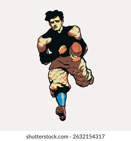 Vintage illustration of a male football player running with a ball. Retro sports art featuring an athlete in action. Classic football imagery. Vintage character art illustration vector.