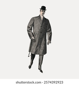 Vintage illustration of a man in a bowler hat and overcoat. Classic bowler hat style with a long overcoat. Timeless bowler hat and overcoat look. Vintage man illustration isolated on white, vector.