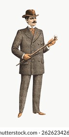 Vintage illustration of a man in a brown suit and hat, holding a cane. Classic fashion, brown suit, and cane. Elegant style, brown suit, and hat. Vintage art illustration vector.