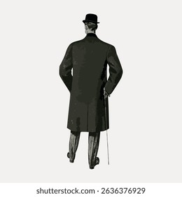 Vintage illustration of a man in a coat and bowler hat, holding a cane. The man is facing away, wearing classic attire, exuding a timeless, vintage style. Vintage character art illustration vector.