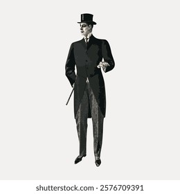 Vintage illustration of a man in a formal suit with a top hat and cane. Classic attire, formal suit, and top hat highlight elegant style. Vintage style art drawing, isolated vector element.