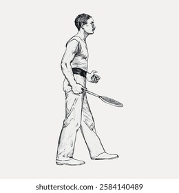 Vintage illustration of a man holding a tennis racket, wearing a sleeveless shirt and pants, walking confidently. Sketch style, side profile view. Vintage art illustration, vector.