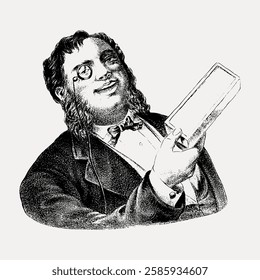 Vintage illustration of a man with a monocle and sideburns, holding a book. The man wears a suit and bow tie, exuding a classic, scholarly vibe. Vintage art illustration, vector.