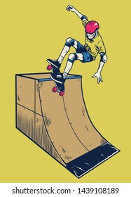 vintage illustration man playing skateboard on a ramp