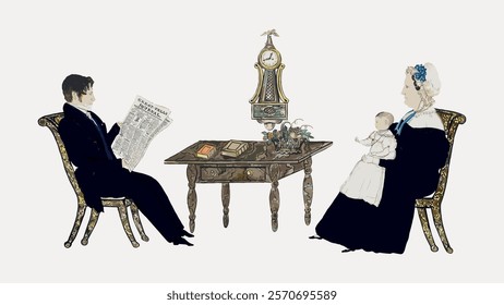 Vintage illustration of a man reading a newspaper and a woman holding a baby. Classic furniture, antique clock, and elegant attire, a historical ambiance. Vintage art drawing illustration vector.