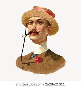 Vintage illustration of a man in a straw hat with a pipe. Classic attire, mustache, and hat. Nostalgic, historical, and stylish depiction of a gentleman. Vintage character art illustration vector.