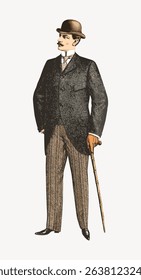 Vintage illustration of a man in a suit with a bowler hat and cane. The man is dressed in a classic suit, holding a cane, and wearing a bowler hat. Vintage art illustration vector.
