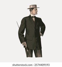 Vintage illustration of a man in a suit and hat, holding a cane. The suit and hat give a classic look. A man in a suit, hat, and cane. Vintage man illustration isolated on white background, vector.