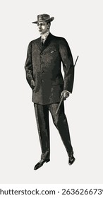 Ilustração vintage de um homem de terno e chapéu, segurando uma bengala. Moda retrô, estilo clássico e traje elegante. Preto e branco, cavalheiro atemporal olhar. Vintage personagem arte ilustração vetor.