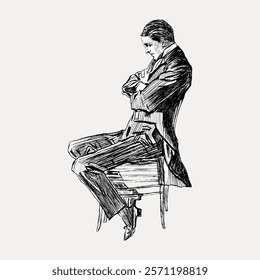 Vintage illustration of a man in a suit sitting on a chair. The man appears thoughtful, dressed in a classic suit, with a vintage style and contemplative pose. Vintage art, isolated vector element.