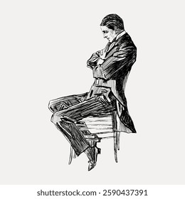 Vintage illustration of a man in a suit sitting on a chair. The man appears thoughtful, arms crossed, in a classic, formal pose. Black and white sketch style. Vintage illustration isolated, vector.