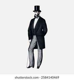 Vintage illustration of a man in a top hat and formal attire, including a long coat and striped pants, holding a cane. Elegant and classic fashion style. Vintage art illustration, vector.