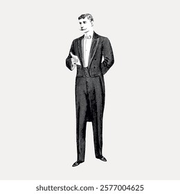 Vintage illustration of a man in a tuxedo. The man is elegantly dressed in a tuxedo, exuding classic style. Tuxedo attire for formal occasions. Vintage art drawing, isolated vector element.