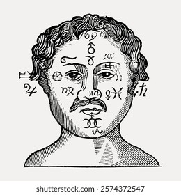 Vintage illustration of a man's face with astrological symbols. Black and white drawing of a male figure with zodiac signs. Astrology-themed artwork. Vintage art drawing, isolated vector element.